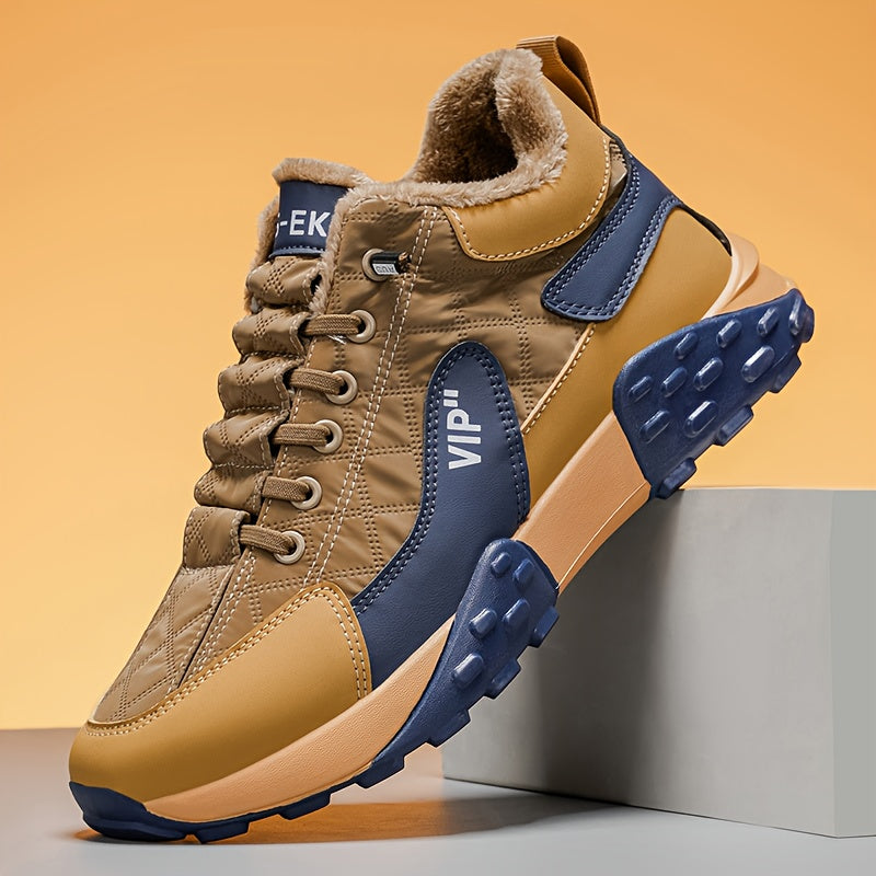 Men'S Stylish Color-Block Plush-Lined Winter Sneakers - Warm, High-Stability Running Shoes with Lace-Up Closure, Geometric & Solid Color Design, Synthetic & Fabric Upper, PVC Sole for Casual & Outdoor Activities, Winter Sneak