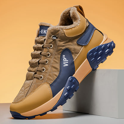 Men'S Stylish Color-Block Plush-Lined Winter Sneakers - Warm, High-Stability Running Shoes with Lace-Up Closure, Geometric & Solid Color Design, Synthetic & Fabric Upper, PVC Sole for Casual & Outdoor Activities, Winter Sneak