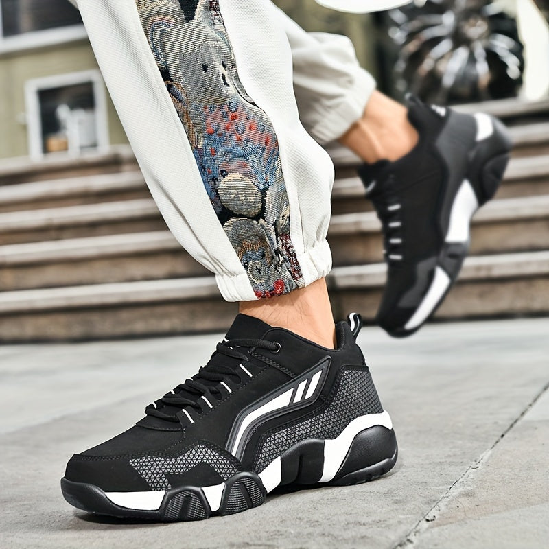 Men's Casual Sporty Sneakers - High Quality PU Upper, Non-Slip Rubber Sole with Cushioned Comfort  Inner Arch Support, Low-Top Lace-Up Design for All-Day Wear (Black/White) - Spring/Fall/Winter Seasonal Versatility, Comforta