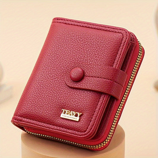 New Casual Zippered Coin Purse, Short Wallet for Women, Stylish Solid Color Lychee Pattern with Multiple Card Slots And Clasp Closure