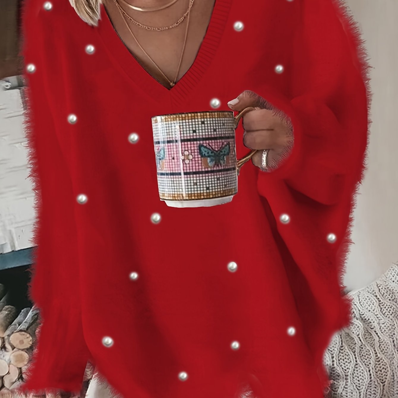 Plus Size - Women'S Cozy Yellow V-Neck Sweater with Pearl Buttons & Fleece-Lined Cuffs - Asymmetrical Hem, Geometric Pattern, Casual Winter Pullover for Casual Attire, Winter Apparel | Vneck Sweater | Pearl Button Details, Sw