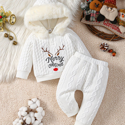Cozy Boys' Christmas Hoodie & Pants Set with Antler Embroidery - Warm Fleece-Lined, Long Sleeve Outfit for Fall/Winter, Perfect for Outdoor