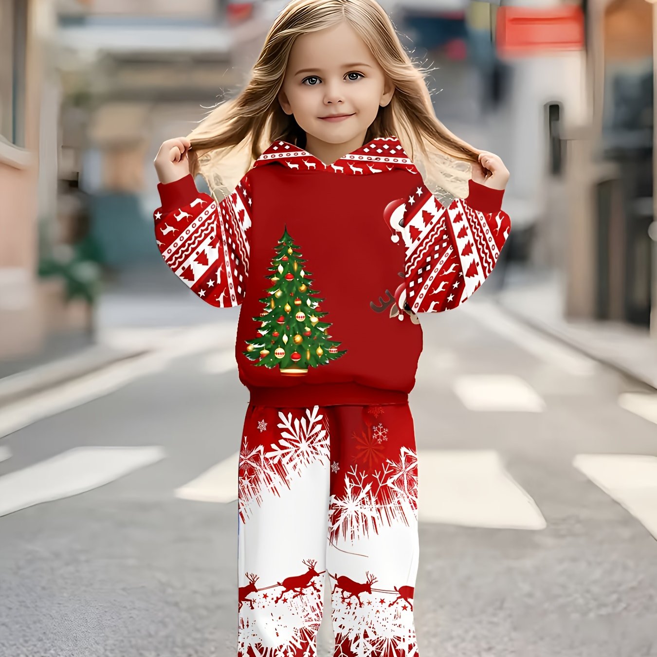 Christmas children's hooded sports outfit, cute girl's spring-autumn casual outfit, suitable as a birthday gift or daily children's clothing set, Perfect for Outdoor