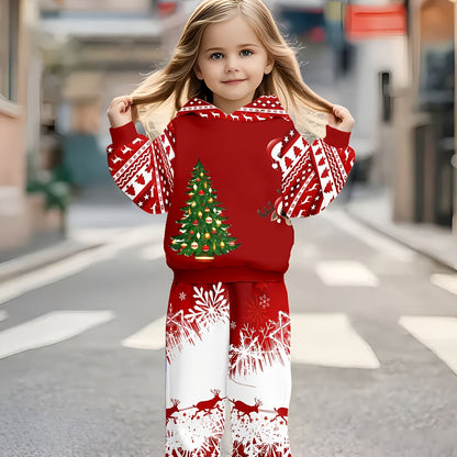 Christmas children's hooded sports outfit, cute girl's spring-autumn casual outfit, suitable as a birthday gift or daily children's clothing set, Perfect for Outdoor