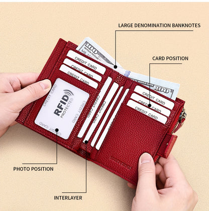 BANYANU Women'S Genuine Faux Leather Wallet - Red Lychee Grain Texture, Multi-Card Slots, Zippered Coin Pocket, Detachable ID Window, Compact Design for Everyday Use, Secure Coin Storage | Stylish Wallet | Synthetic