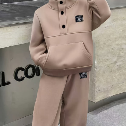 Boys' Cozy Fleece-Lined Hoodie & Sweatpants Set - Olive Green Casual Winter Outfit with Pockets, Thick Warmth for Fall & Winter, Regular Fit, Casual Attire, for Outdoor