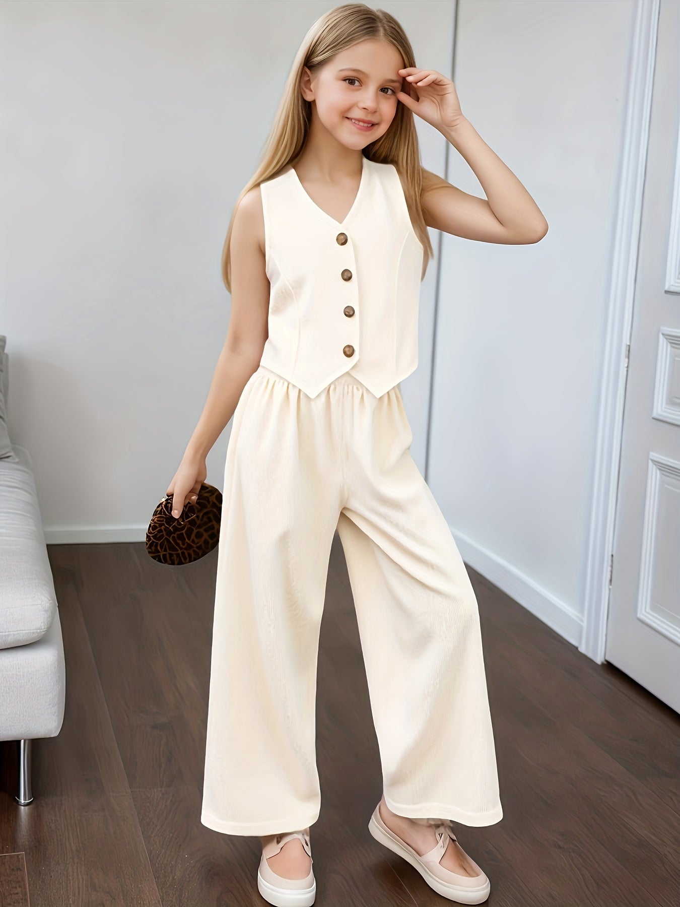 Girls' Summer Sleeveless Vest & Wide-Leg Pants Set