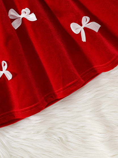 1pc Baby Girl's Red Lace Dress with Ruffled Collar & Bow Back - Long Sleeve Winter Party Dress for Christmas, New Year, Weddings - Soft Warm Outfit (Short Leg Opening, Machine Washable Clothing)