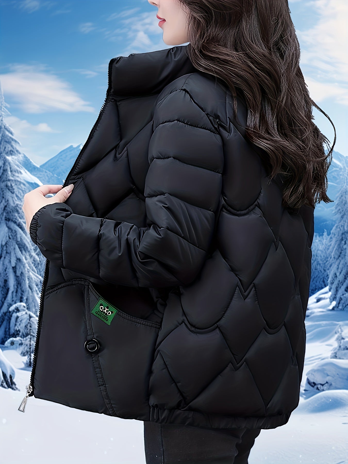 Women'S Elegant Winter Coat - Thick Warm Long Sleeve Jacket with Full-Zip Front, H-Line Silhouette, Non-Stretch Fabric for Cold Weather, Office, Party, Everyday - Asian-inspired Outerwear, Winter Coats, Office Wear, Stylish O