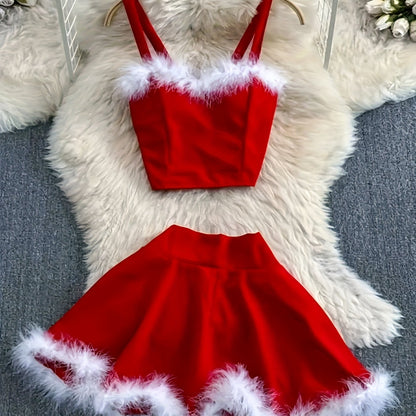 2025 New Christmas Party Event Gathering Date Plush Trim Sweet Sexy Women's Skirt Set