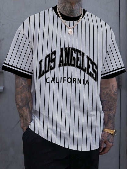 Men'S Los Angeles California Striped T-Shirt - Casual Short Sleeve Crew Neck, Breathable Summer Outdoor Sports Top, White with Black Letter Print, Regular Fit Tee for Casual Attire, Breathable Clothing   California Pride Shir