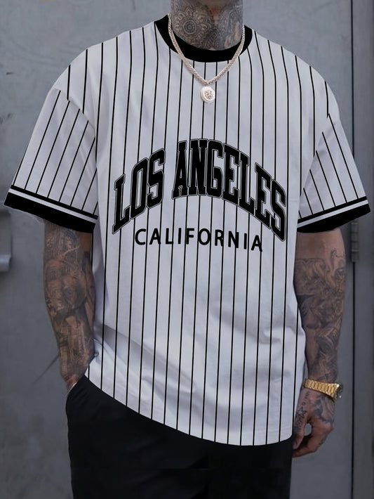 Men'S Los Angeles California Striped T-Shirt - Casual Short Sleeve Crew Neck, Breathable Summer Outdoor Sports Top, White with Black Letter Print, Regular Fit Tee for Casual Attire, Breathable Clothing   California Pride Shir