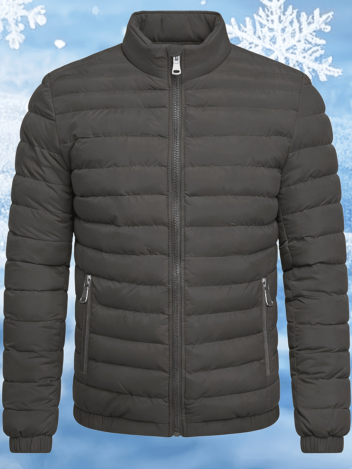 Men's Stand Collar Winter Jacket with Zipper and Fiber Filling