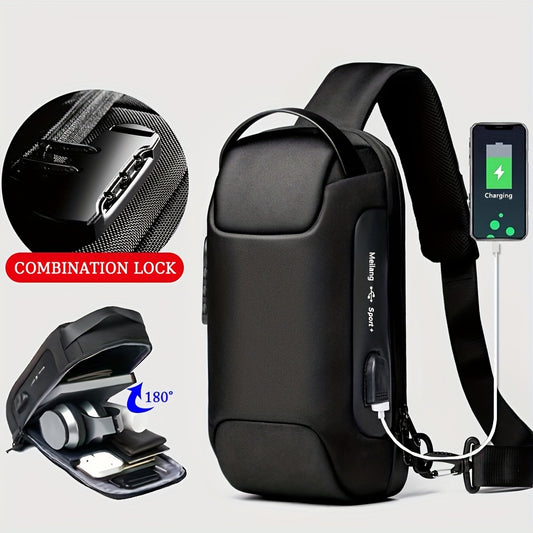Oxford Fabric Waist Bag with USB Charging  Combination Lock - Sleek Black Crossbody for Men  Women, Ideal for Outdoor Activities  Motorcycle Riding, Perfect Valentine's or Father's Gift, Motorcycle Bag