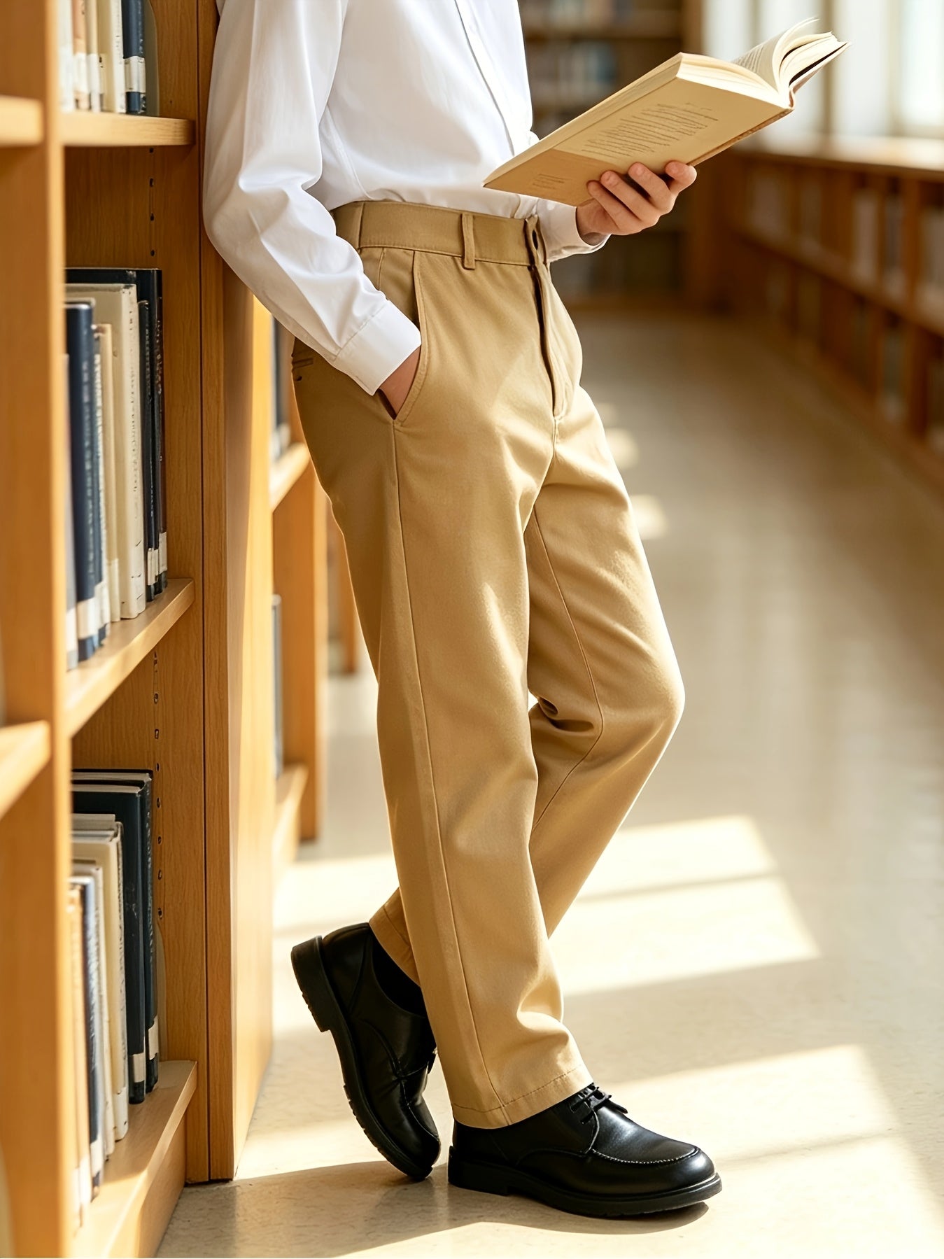 Boys Loose Fit Preppy School Dress Pants with Zipper Waist
