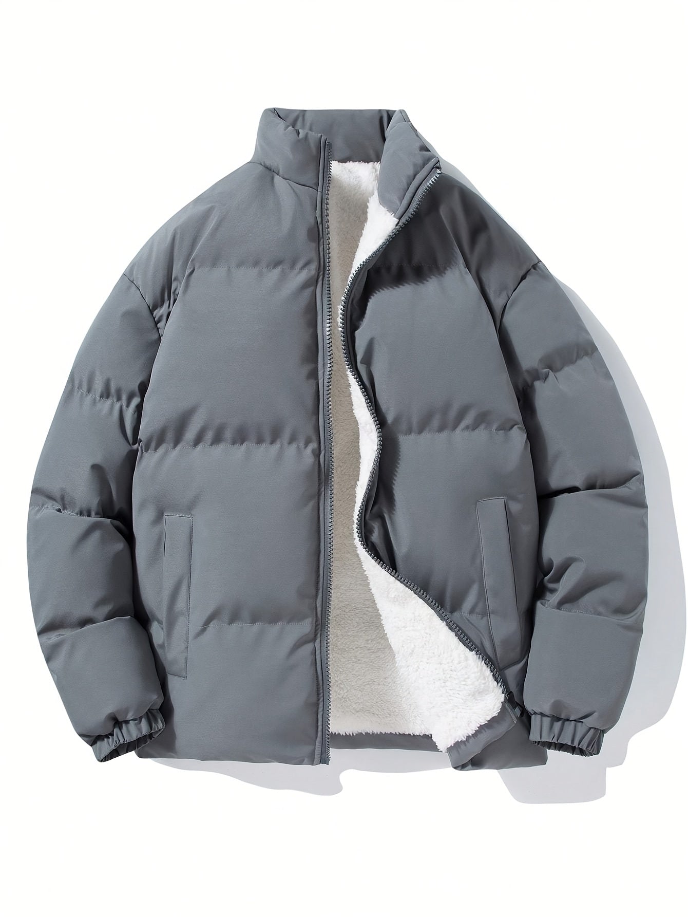 Yilong OBM Men's 2025 Fleece-Lined Winter Coat - Stand Collar Padded Insulation, Machine Washable Polyester, Solid Color Casual Jacket with Zipper Closure for Cold Weather, Winter Jacket, Outdoor Clothing, Minimalist Design,