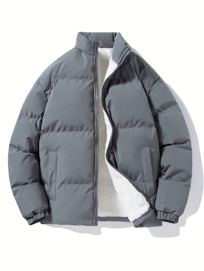 Yilong OBM Men's 2025 Fleece-Lined Winter Coat - Stand Collar Padded Insulation, Machine Washable Polyester, Solid Color Casual Jacket with Zipper Closure for Cold Weather, Winter Jacket, Outdoor Clothing, Minimalist Design,