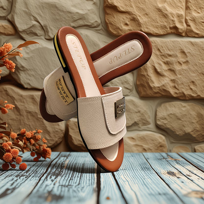 Women's Elegant Metal Buckle Slip-On Flat Sandals for Summer