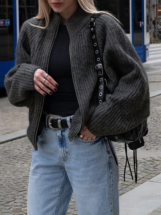 New Autumn-Winter Loose Zip Fashion Sweater Jacket, Solid Color Casual Cardigan with Long Shoulder Seams and Short Length