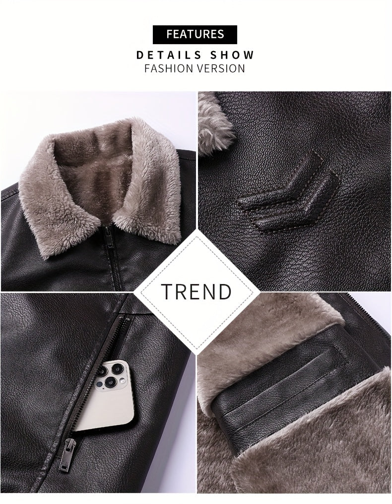 Siji Dou OBM Men's Coat, New Autumn/Winter Fleece-Lined Jacket with Faux Fur Collar, Trendy Casual Jacket for Men