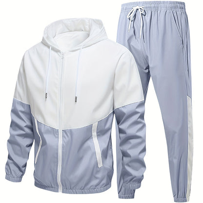 2pcs Men'S Casual Sportswear Set - Color Block Hooded Jacket and Pants, Polyester, Machine Washable, All-Season, with Pockets, Regular Fit, Spring Sportswear|Hooded Sportswear|Machine Washable Fabric