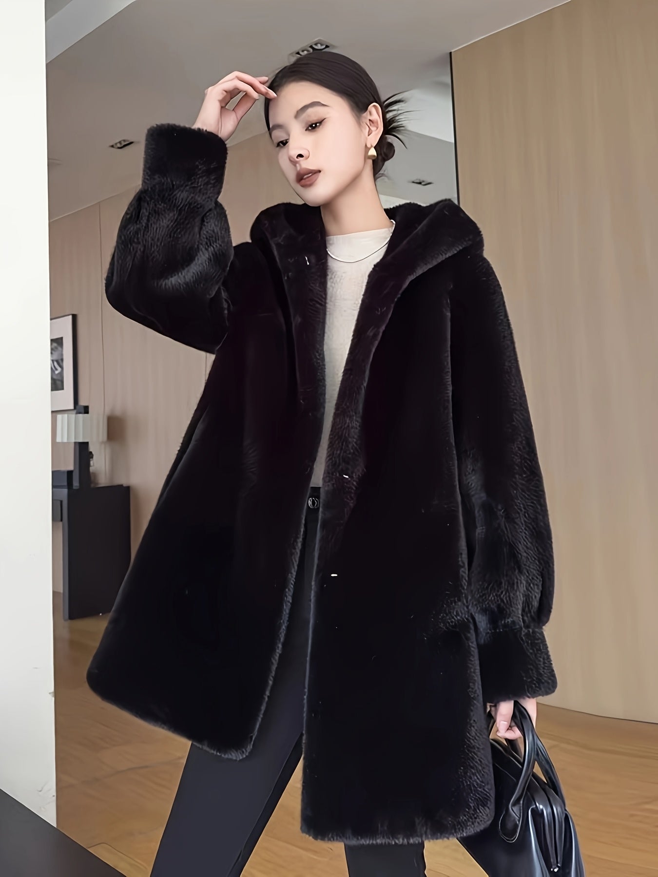 Women's Oversized Faux Fur Coat with Plush Collar & Full-Length Fur Trim - Winter Warm A-Line Mid-Length Jacket, Machine Washable Large Size Winter Coat for Women, Elegant Outerwear for Casual & Formal Events (Solid Black, Br