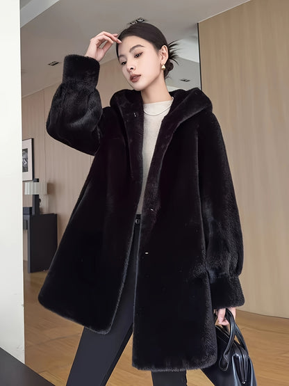 Women's Oversized Faux Fur Coat with Plush Collar & Full-Length Fur Trim - Winter Warm A-Line Mid-Length Jacket, Machine Washable Large Size Winter Coat for Women, Elegant Outerwear for Casual & Formal Events (Solid Black, Br