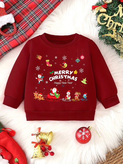 Boys' Fashionable Long-Sleeve Crew Neck Sweatshirt with Christmas Pattern and Letter Print, Casual Street Style for Spring, Autumn, Winter - Polyester