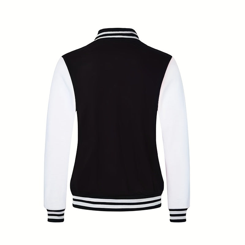 Men'S Casual Baseball Jacket - Stylish Black with White Stripes, Button-Up, Long Sleeve, Perfect for Spring & Fall, Casual Attire, Casual Wear|Baseball Jacket| Constructio
