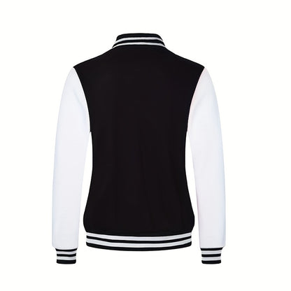 Men'S Casual Baseball Jacket - Stylish Black with White Stripes, Button-Up, Long Sleeve, Perfect for Spring & Fall, Casual Attire, Casual Wear|Baseball Jacket| Constructio