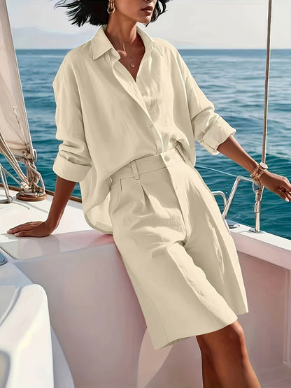 Women's Casual Polyester Button-Down Shirt & Shorts Set