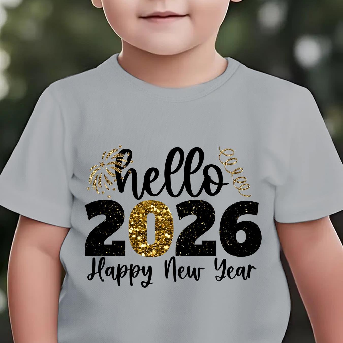 Boys' 2026 New Year'S Eve Party T-Shirt - Hello 2026 Happy New Year Fireworks Print with Golden & Lettering - Lightweight Summer Tee for Birthday Party Outfit, New Year'S Eve Celebration - Easy-care Kids Shirt, New Year T Shi