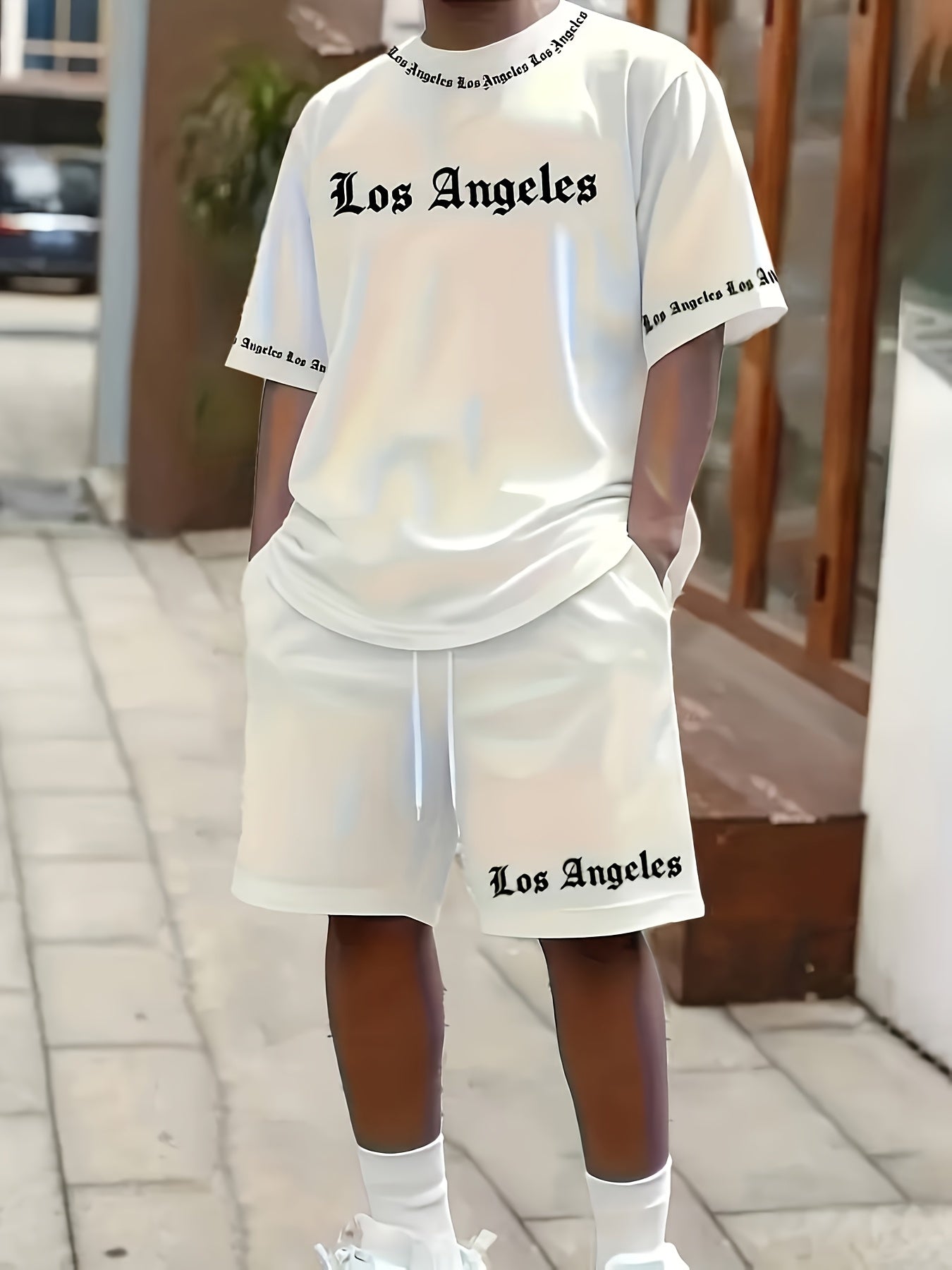Los Angeles English Pattern Men's Short Sleeve Shirt + Casual Sport Set, Breathable Soft Summer Outfit with Pocketed Shirt and Drawstring Shorts