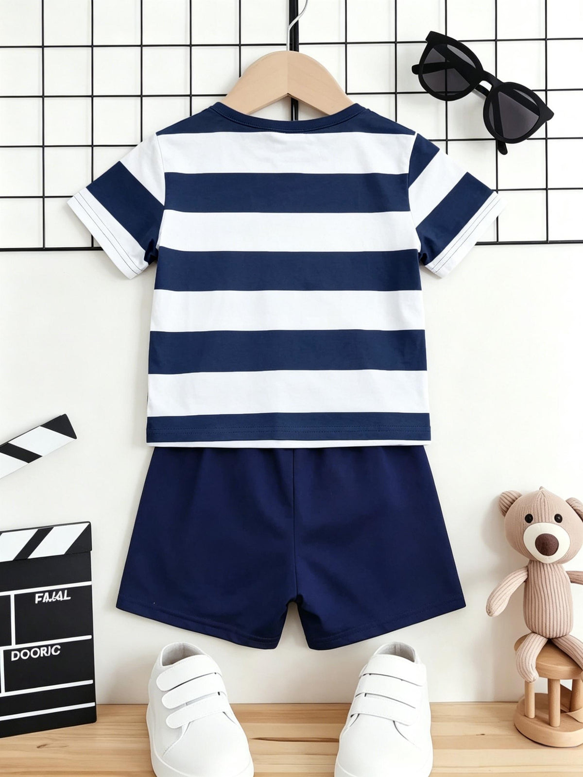 Boys Summer Casual Blue White Stripe Short Sleeve T-Shirt & Shorts Set - ayq