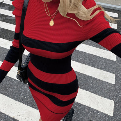 Elegant Winter Short Smock Dress with Poinçon d'Asymétrie Asymmetric Striped Sleeves - High Neck H-Line Figure-Hugging Dress, Knee-Length Short for Fall/Winter Parties, Weddings & Special Occasions (Non-)