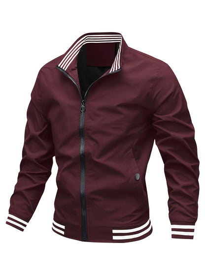 Men's Stand Collar Long Sleeve Zip Up Sports Jacket With Contrast Trim Design, Men's Spring Fall Outwear, As Gifts