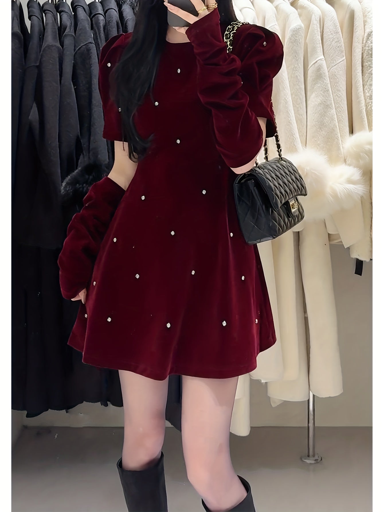 Women'S Elegant French Dress - Chic Office to Party Outfit, Back Zipper Closure, Flattering Fit for Fall/Winter, Everyday & Formal Events - Women'S Dresses for Women, Winter Fashion, Rhinestone Embellishment, Comfortable Fabr