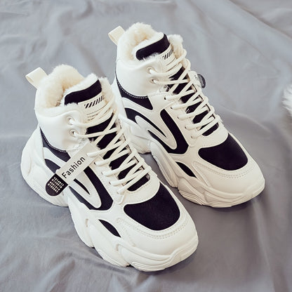Women's Plush Fleece-Lined High-Top Sneakers - Thick-Soled Winter Warm Lace-Up Shoes with PU Upper & Cushioned PVC Sole, White/Black/Grey Chunky Dad Shoes (Cozy Round Toe) - Instagram Trendy Winter Footwear by I Trend