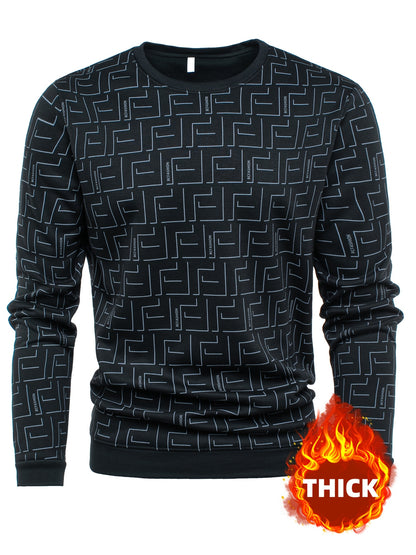 New Autumn And Winter Men'S Long-Sleeve Fleece Sweatshirt, Featuring a Geometric Pattern Design, Warm And Soft Stylish Round-Neck Sweatshirt, a Perfect Gift for Men to Keep Warm