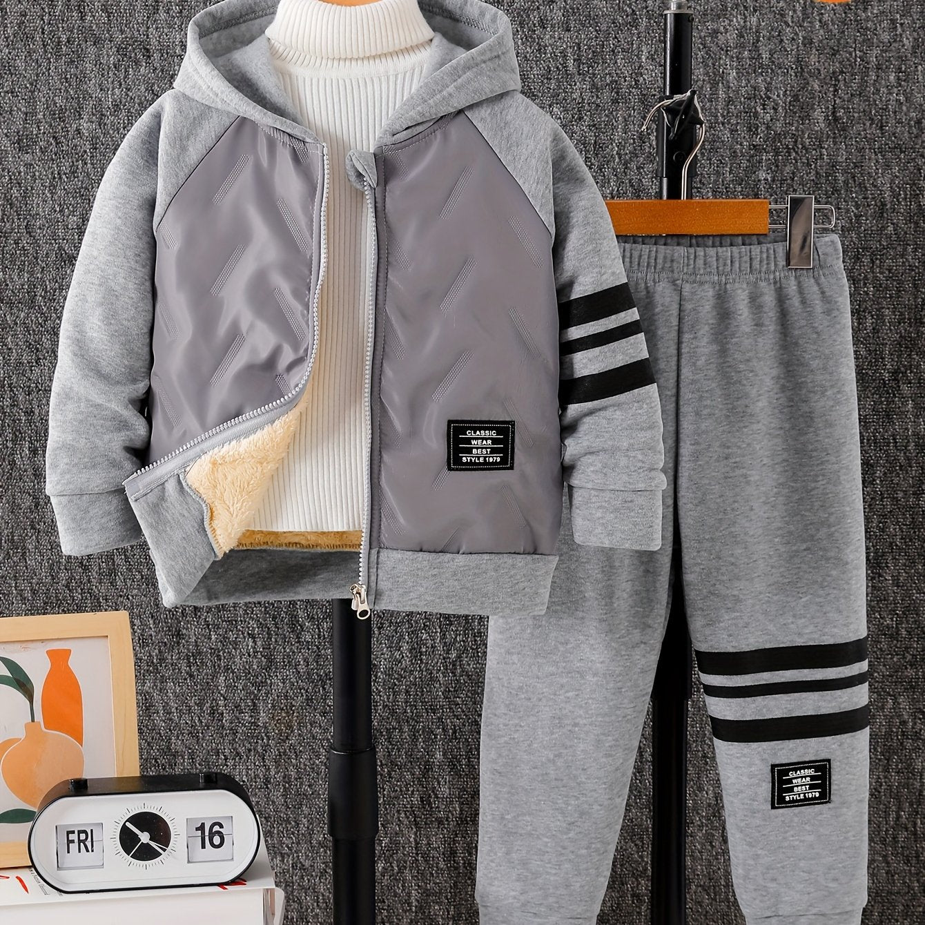 DONABEBE Boys' 2pcs Winter Jacket & Pants Set - Full-Zip Hooded Coat with Striped Sleeves & Matching Pants, Thick Outfit for &, Soft Warm Casual Playwear (Grey/Black) - Hand Washable 2pcs Clothing, Perfect for Outdoor
