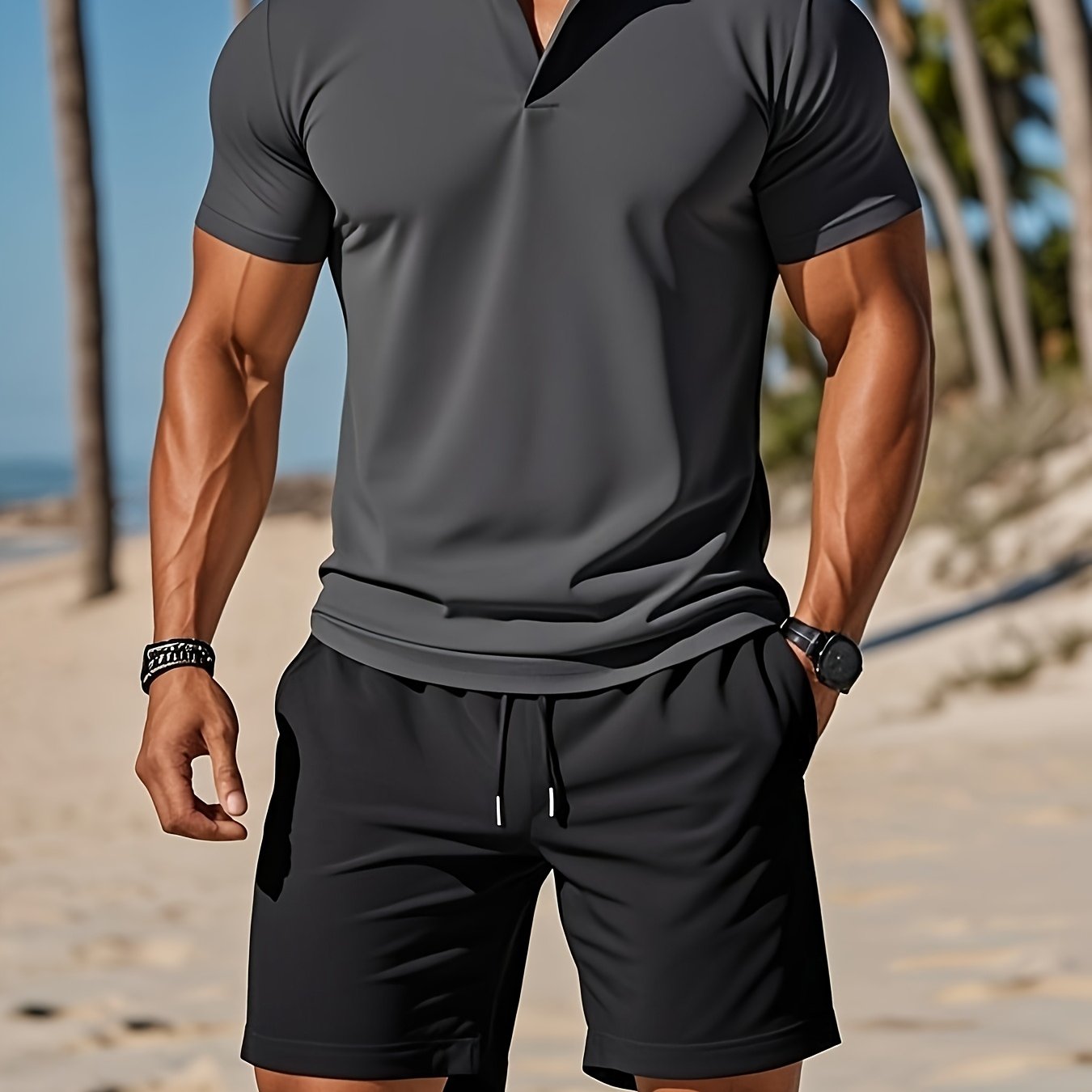 Men'S Casual Short Sleeve T-Shirt - Solid Black, Regular Fit, Button-Up Collar, Lightweight Polyester Blend for Spring & Summer, Spring Summer Apparel | Classic Collar Tee | Glossy Texture
