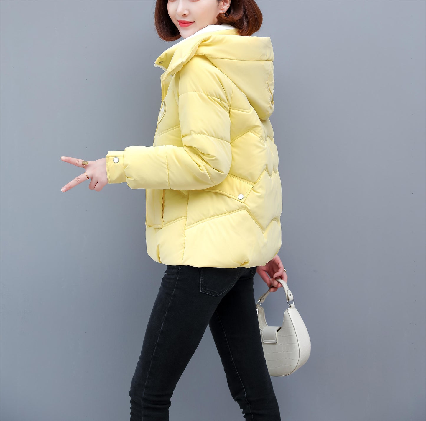 Women's Winter Hooded Jacket - Stylish Beige & White Zip-Up Coat with Heart Design, Warm Polyester Outerwear for Casual or Chic Looks, Winter Jacket
