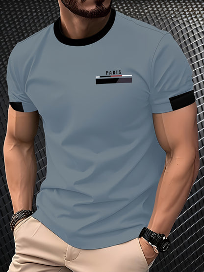 Men'S Paris Graphic T-Shirt - Green Polyester Crew Neck Tee with White Stripes  Print - Casual Sporty Knit Top for Casual Attire, Breathable Fabric