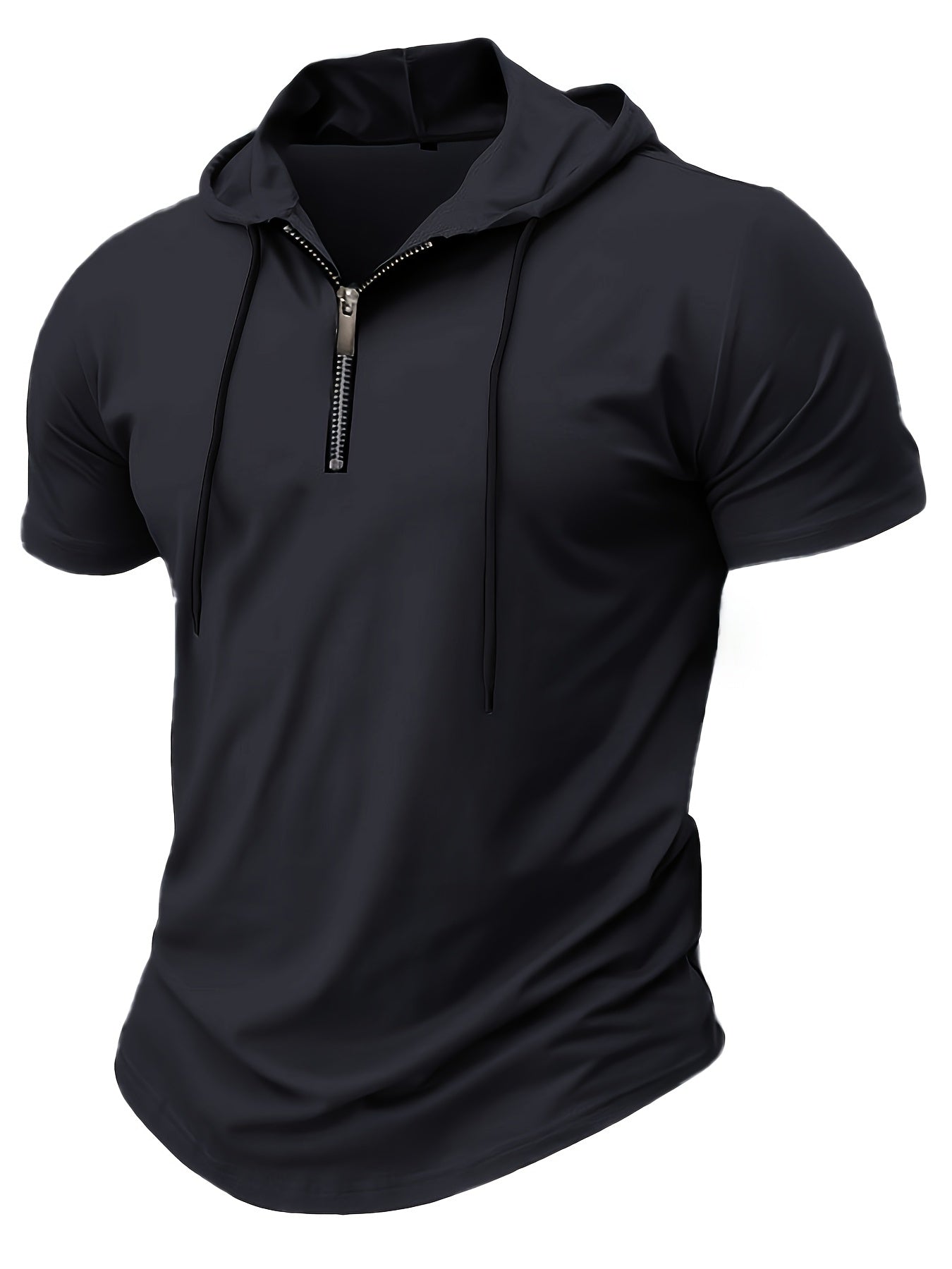 1pc Men's Light Blue Casual Hooded Short Sleeve T-Shirt with 1/4 Zipper, Breathable Stretch Fabric for Gym, Outdoor  Summer Wear, Gym Apparel, Stylish Contrast Detailing, Comfortable Fit