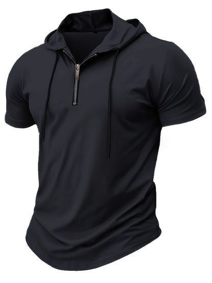 1pc Men's Light Blue Casual Hooded Short Sleeve T-Shirt with 1/4 Zipper, Breathable Stretch Fabric for Gym, Outdoor  Summer Wear, Gym Apparel, Stylish Contrast Detailing, Comfortable Fit