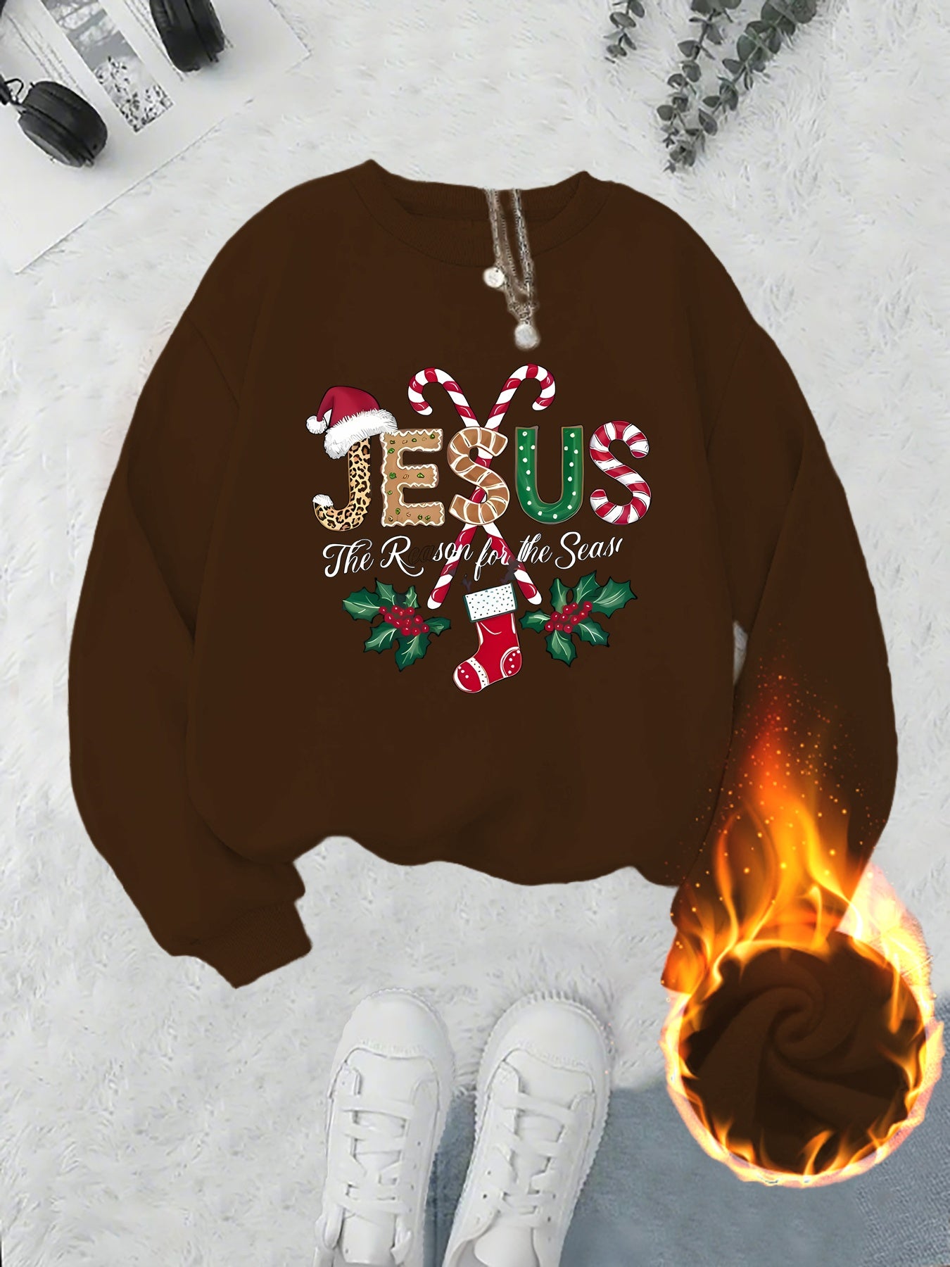 Women's Fleece-Lined Round Neck Pullover Sweatshirt - "JESUS" Christmas Print, Comfortable Loose Fit for All Seasons, Festive Holiday Design Casual Top