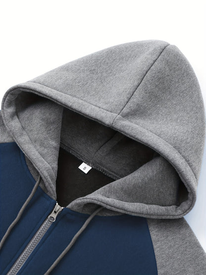 Men'S Casual Sports Hoodie Two-Piece Set with a Color-Blocked Design, Featuring a Zip And Drawstring Waist, Suitable for Jogging in All Seasons