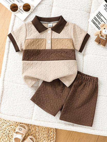 Boys' Summer Casual Polo Shirt and Shorts Set, Striped Knit Fabric - ayq