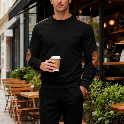 Men'S Classic Fashion Crew Neck Long-Sleeved Top | Light and Comfortable Fabric with Contrast Beige Patches for Enhanced Durability, Regular Fit, Ideal for Daily Leisure, Street Fashion, Outdoor Activities, and Light Fitness