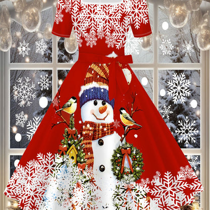 Women's Elegant Red & White Winter Snowflake & Snowman Print A-Line Dress with Square Neckline - Machine Washable Floor-Length Party Dress for Christmas, New Year's Eve, Everyday Winter Outfits - Festive Party Attire with Poi